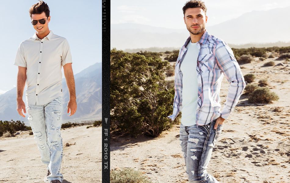 Men's Jeans - A guy wearing a white button up shirt with a pair of light wash ripped jeans. A guy wearing white and blue plaid shirt over a light blue shirt with a pair of medium wash ripped jeans.