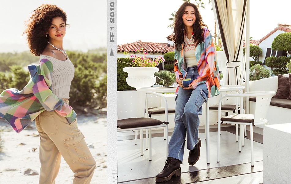 Women's Cargo Pants - A gal wearing a white tank under a multi-colored top with a pair of cargo pants